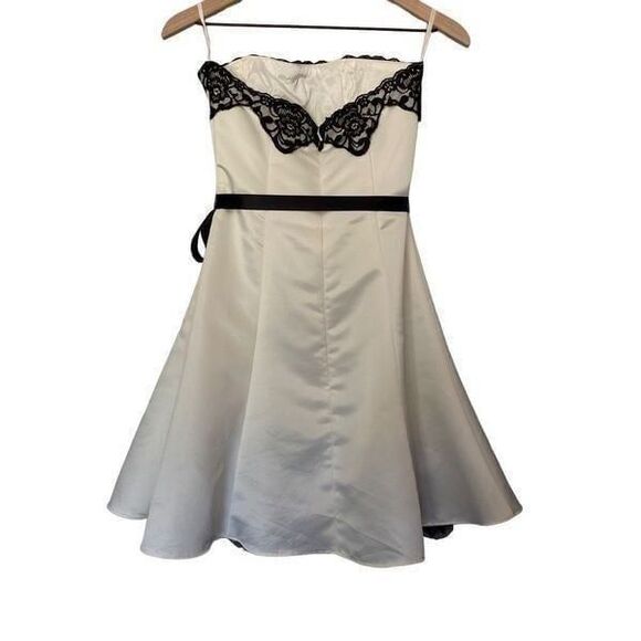 Jessica McClintock Gunne Sax Dress 5/6 Strapless Fit & Flare White Silky Black S - Picture 5 of 12